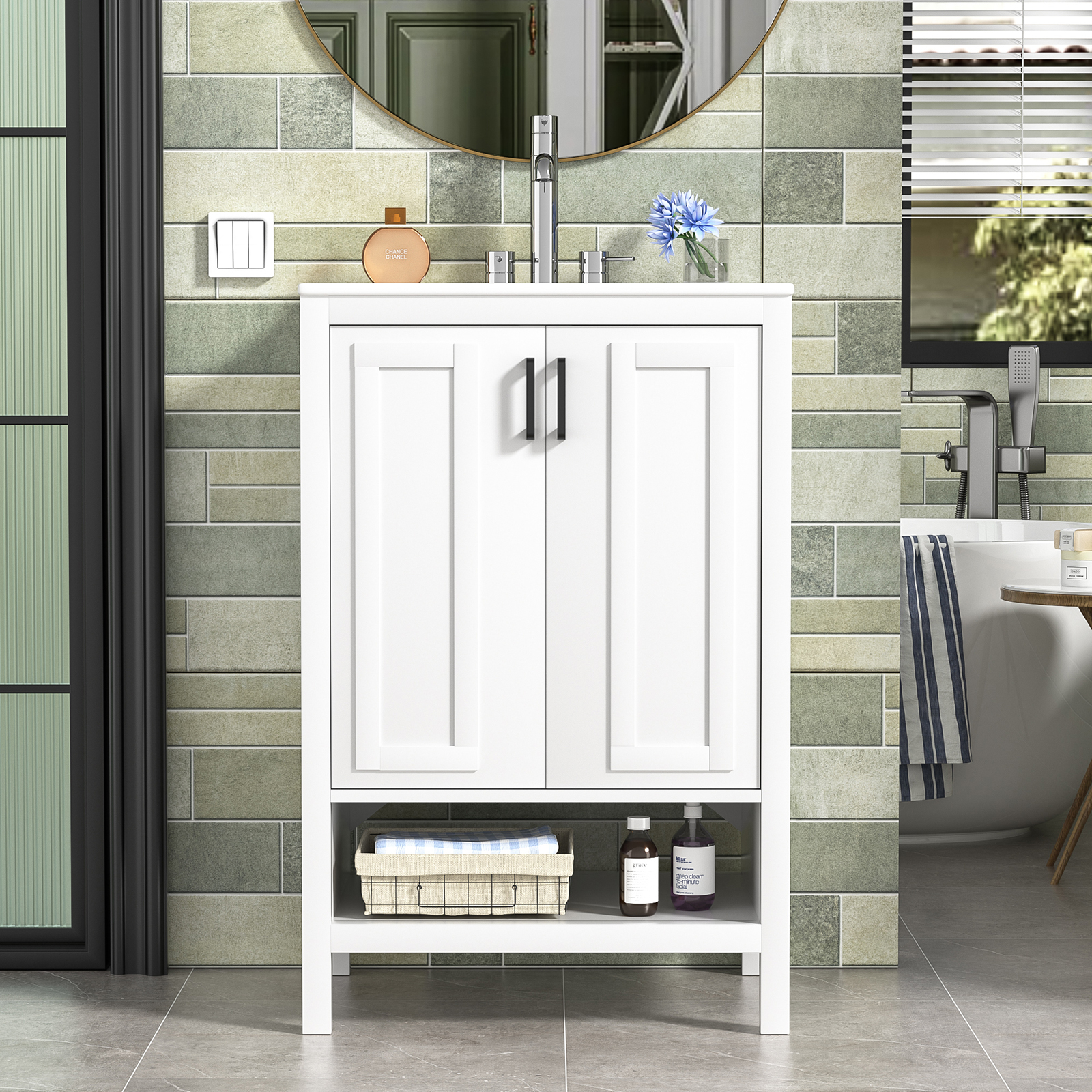 Bathroom Vanity with Ceramic Sink, 24" Wood Bathroom Sink Cabinet with 2 Doors and Open Shelf