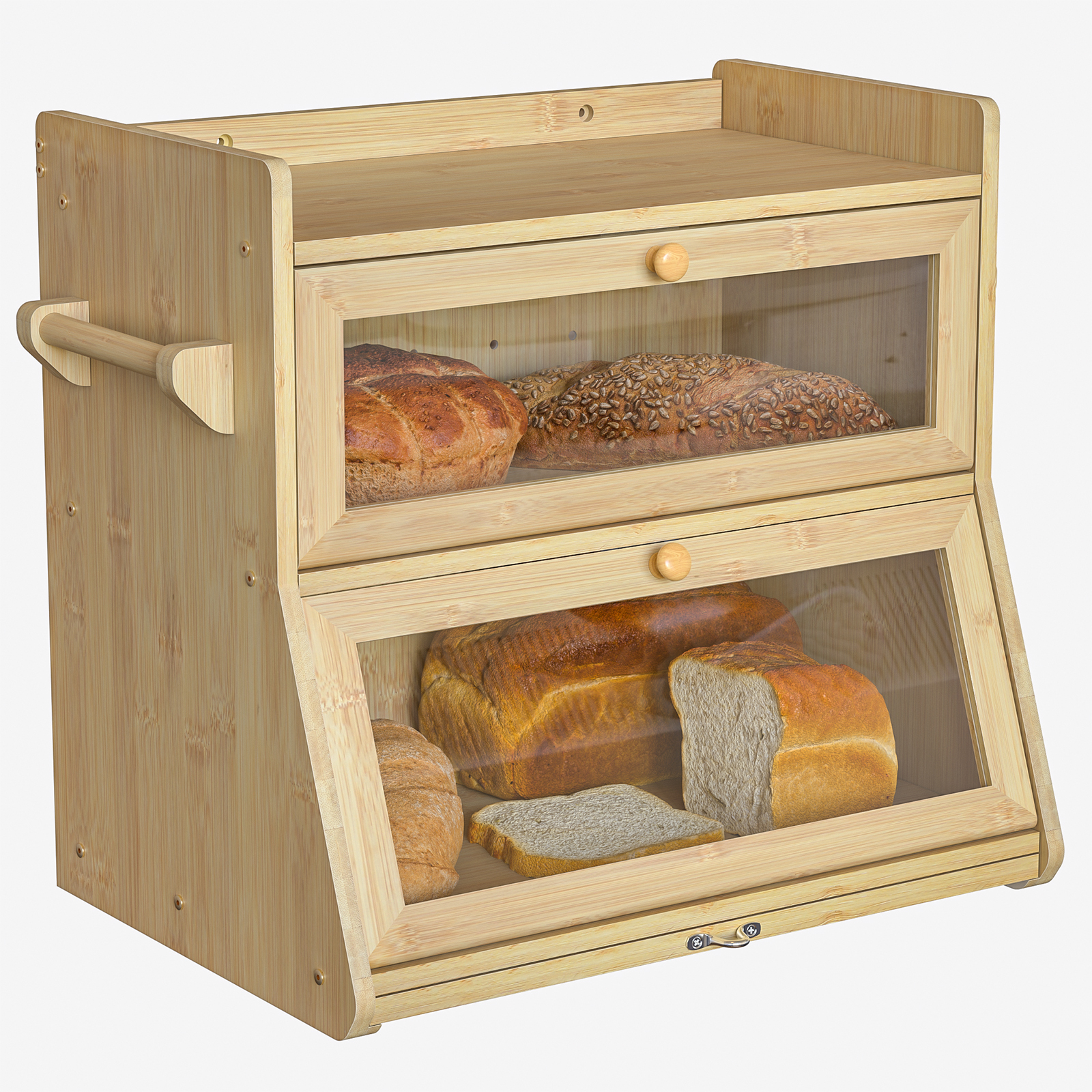 Anmytek Double Layer Bread Box for Kitchen Counter, Large Bread Storage Container, Wooden Farmhouse Bread Organizer