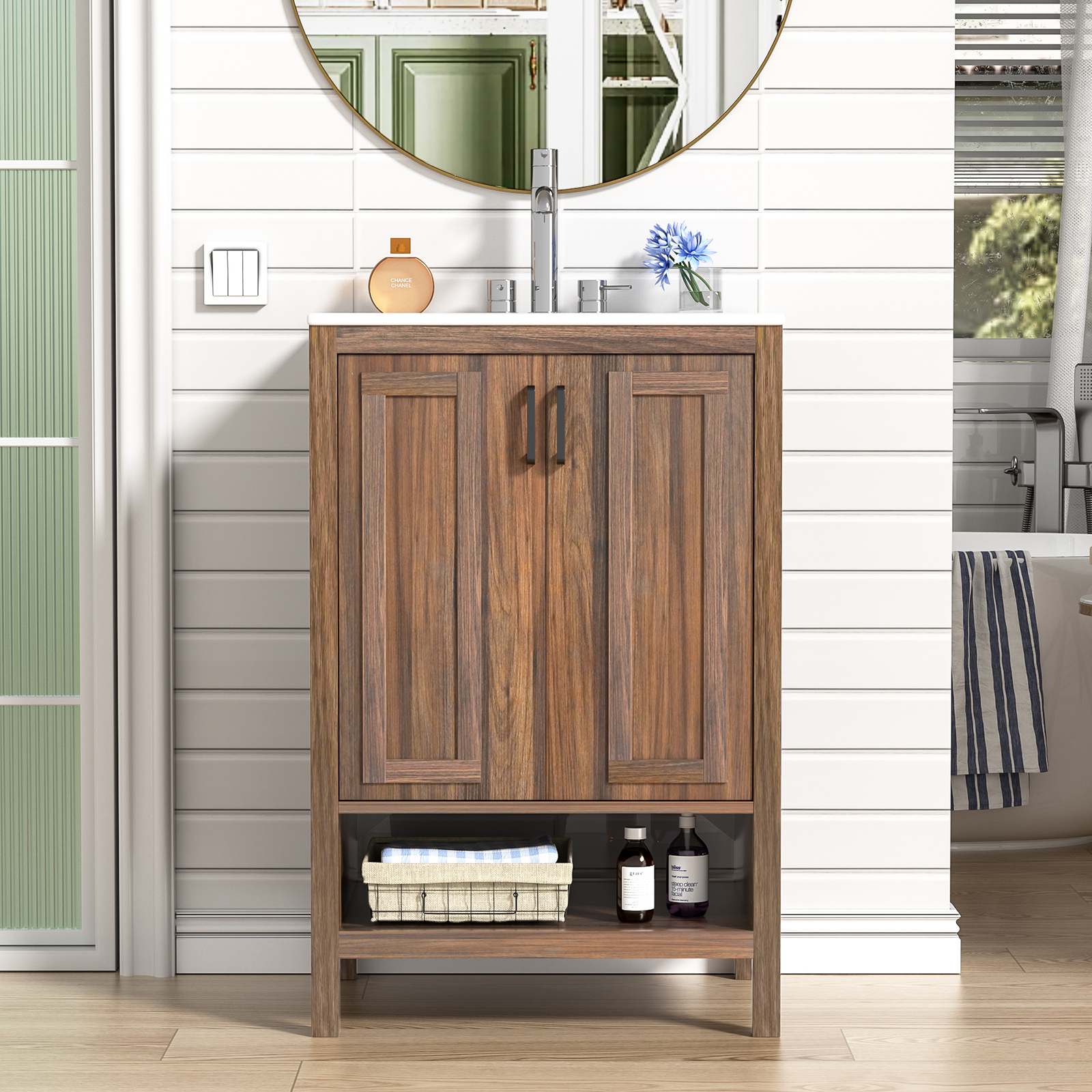 Anmytek Bathroom Vanity with Ceramic Sink, Walnut Modern Bathroom Vanity Cabinet Set (Faucet Not Included)