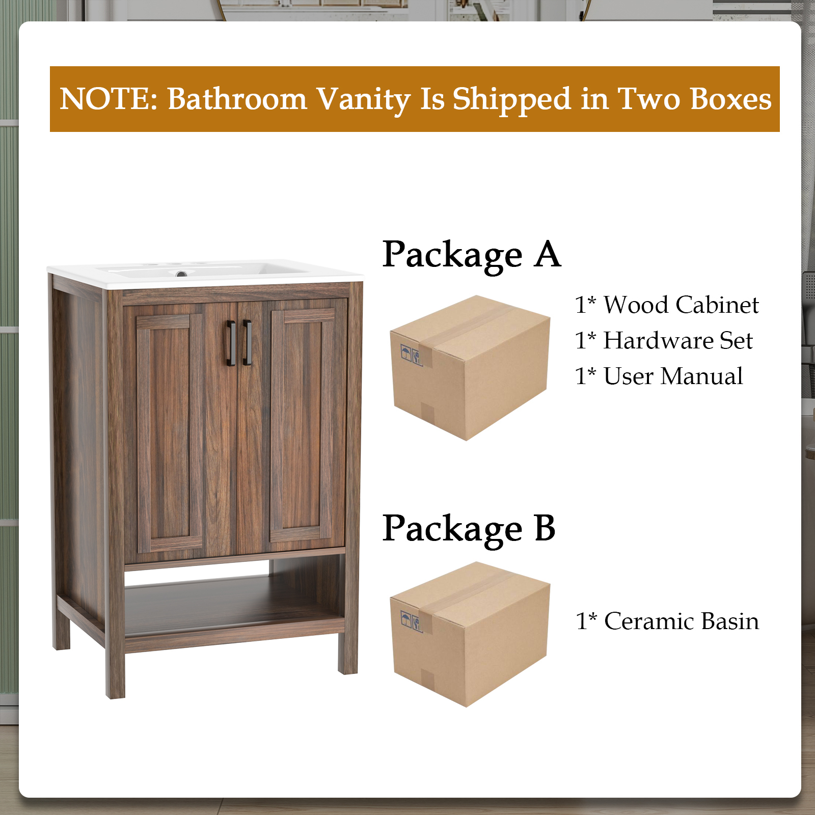 Anmytek Bathroom Vanity with Ceramic Sink, Walnut Modern Bathroom Vanity Cabinet Set (Faucet Not Included)
