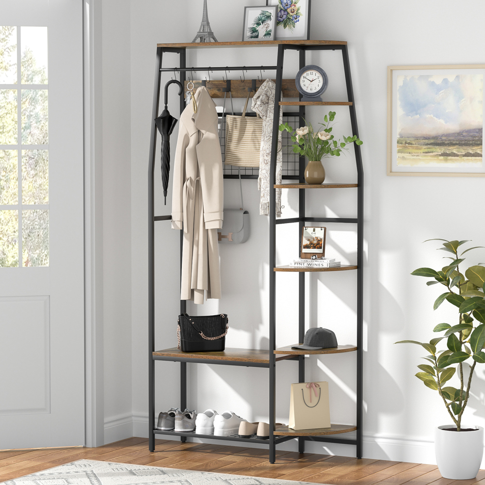 Anmytek Coat Rack, 70" Hall Tree with Bench and Shoe Storage, Freestanding Entryway Coat Storage Rack