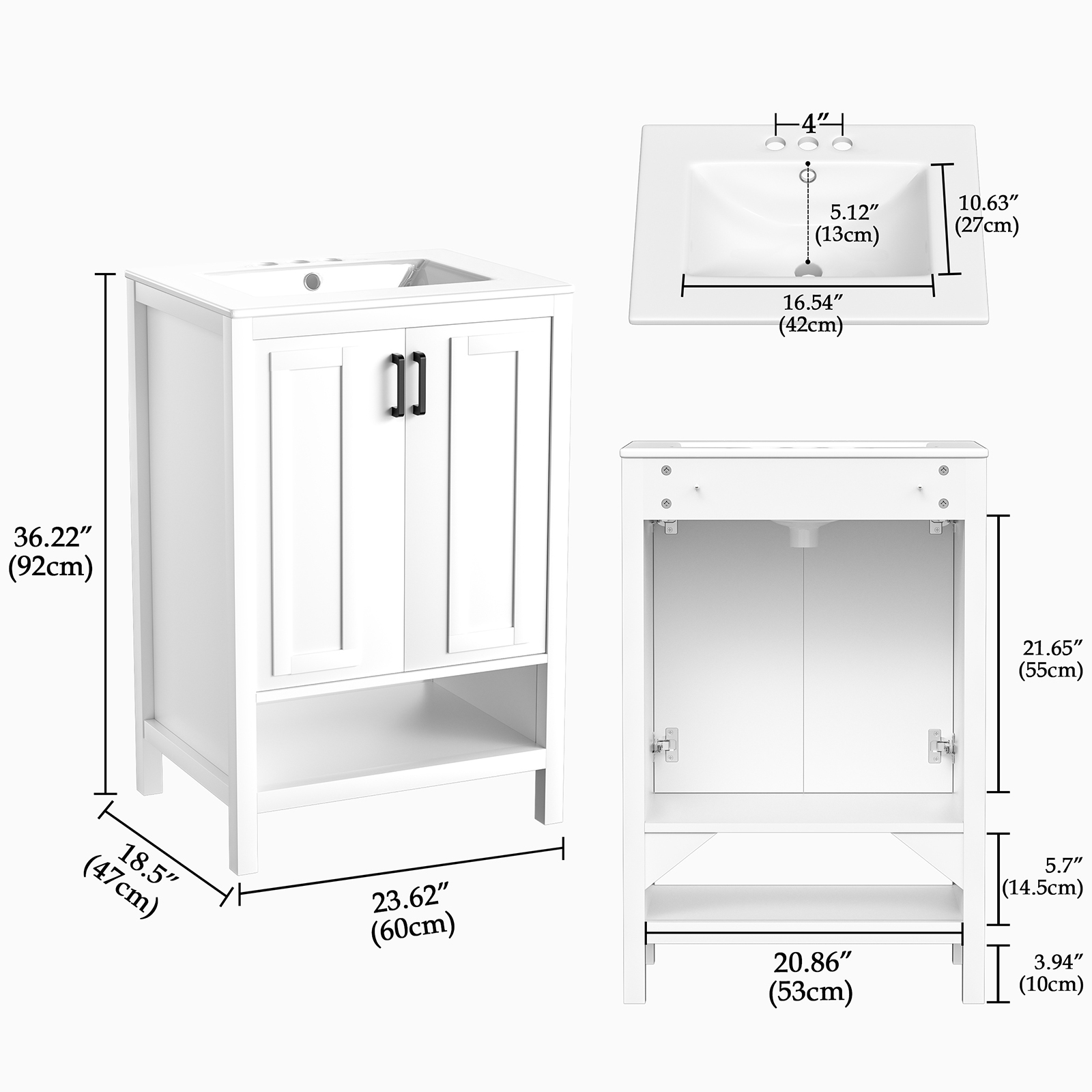 Bathroom Vanity with Ceramic Sink, 24" Wood Bathroom Sink Cabinet with 2 Doors and Open Shelf