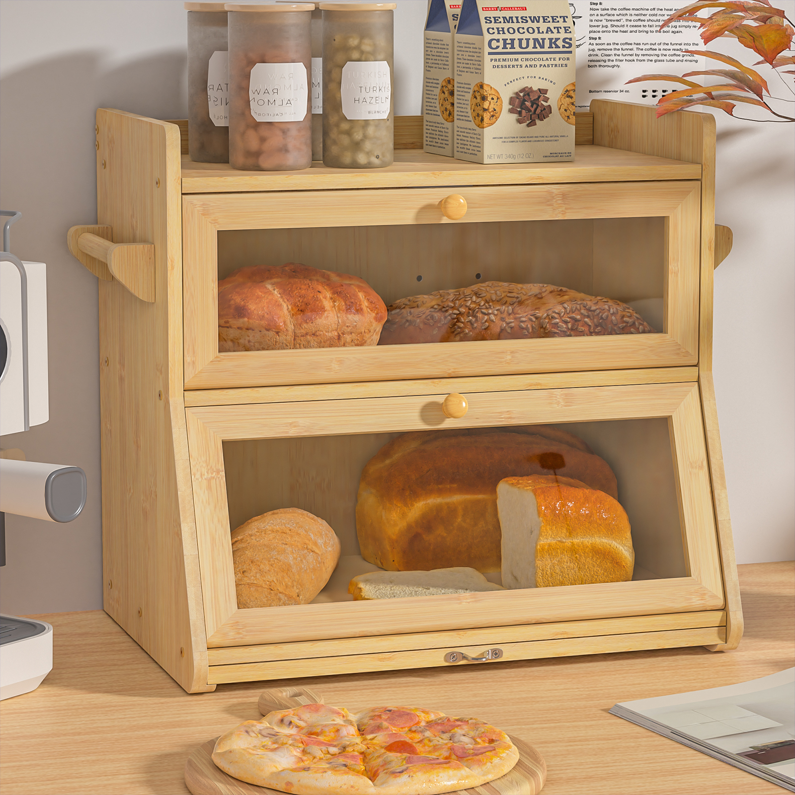 Anmytek Double Layer Bread Box for Kitchen Counter, Large Bread Storage Container, Wooden Farmhouse Bread Organizer