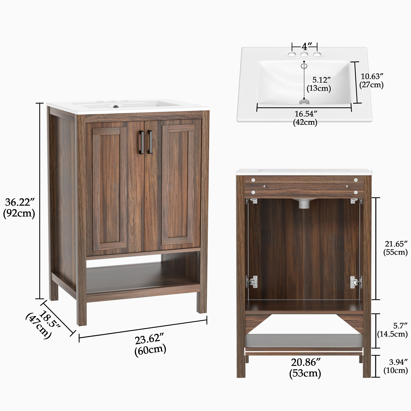 Anmytek Bathroom Vanity with Ceramic Sink, Walnut Modern Bathroom Vanity Cabinet Set (Faucet Not Included)