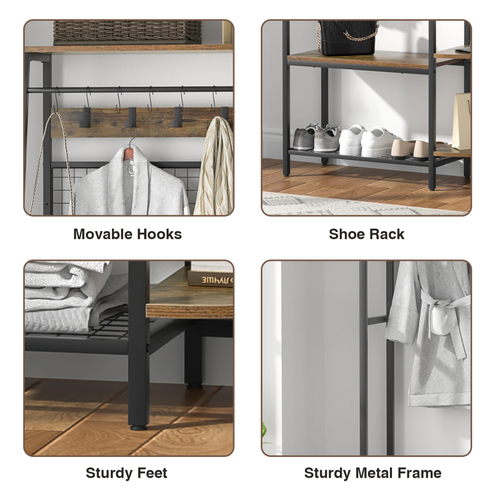 Anmytek Coat Rack, 70" Hall Tree with Bench and Shoe Storage, Freestanding Entryway Coat Storage Rack