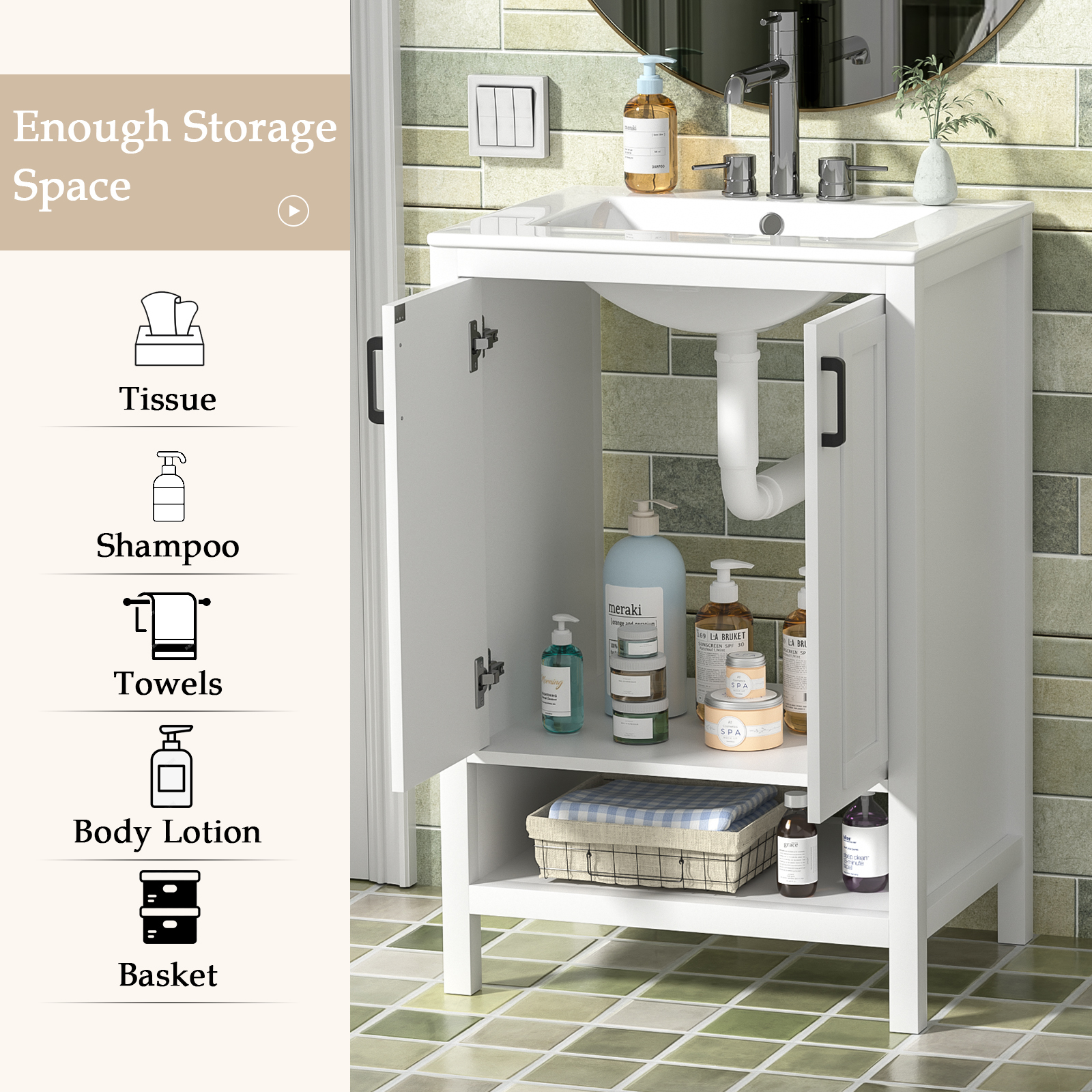 Bathroom Vanity with Ceramic Sink, 24" Wood Bathroom Sink Cabinet with 2 Doors and Open Shelf