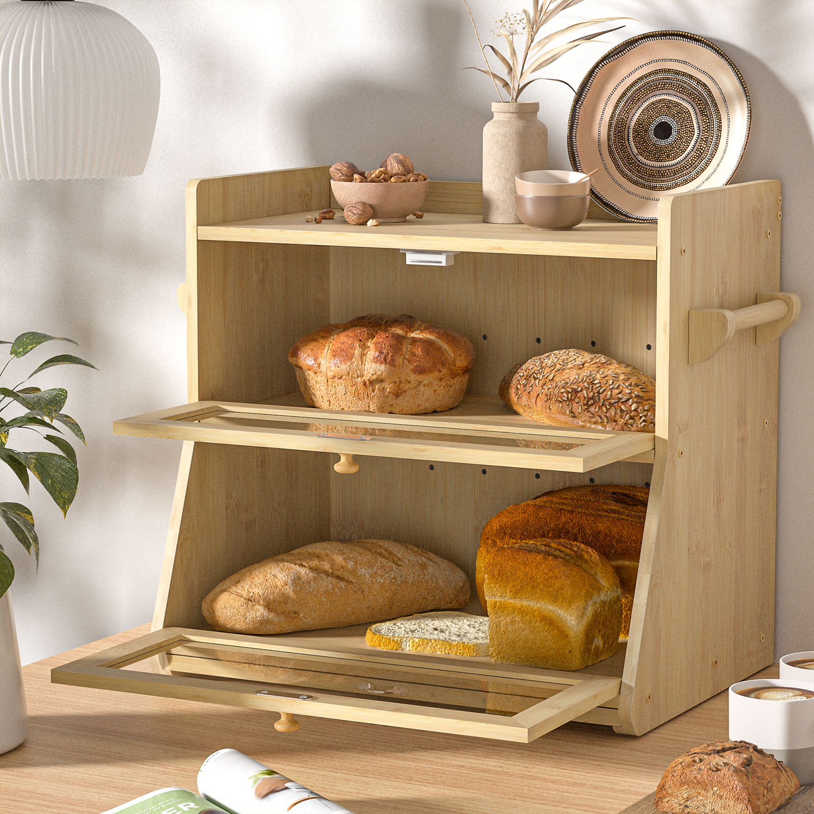 Anmytek Double Layer Bread Box for Kitchen Counter, Large Bread Storage Container, Wooden Farmhouse Bread Organizer