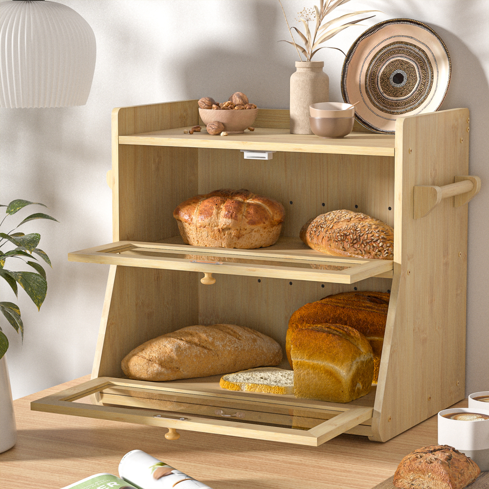 Anmytek Double Layer Bread Box for Kitchen Counter, Large Bread Storage Container, Wooden Farmhouse Bread Organizer