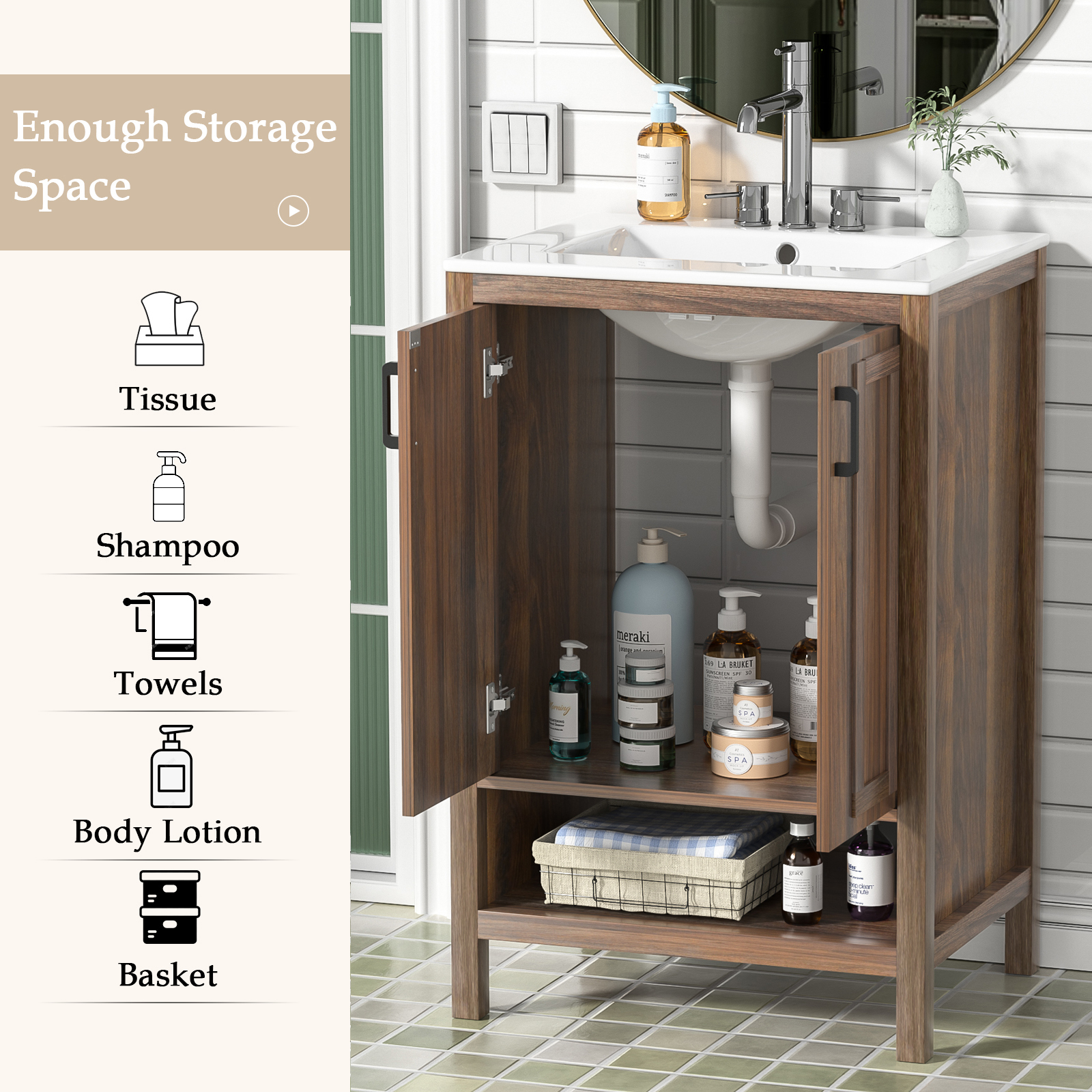 Anmytek Bathroom Vanity with Ceramic Sink, Walnut Modern Bathroom Vanity Cabinet Set (Faucet Not Included)