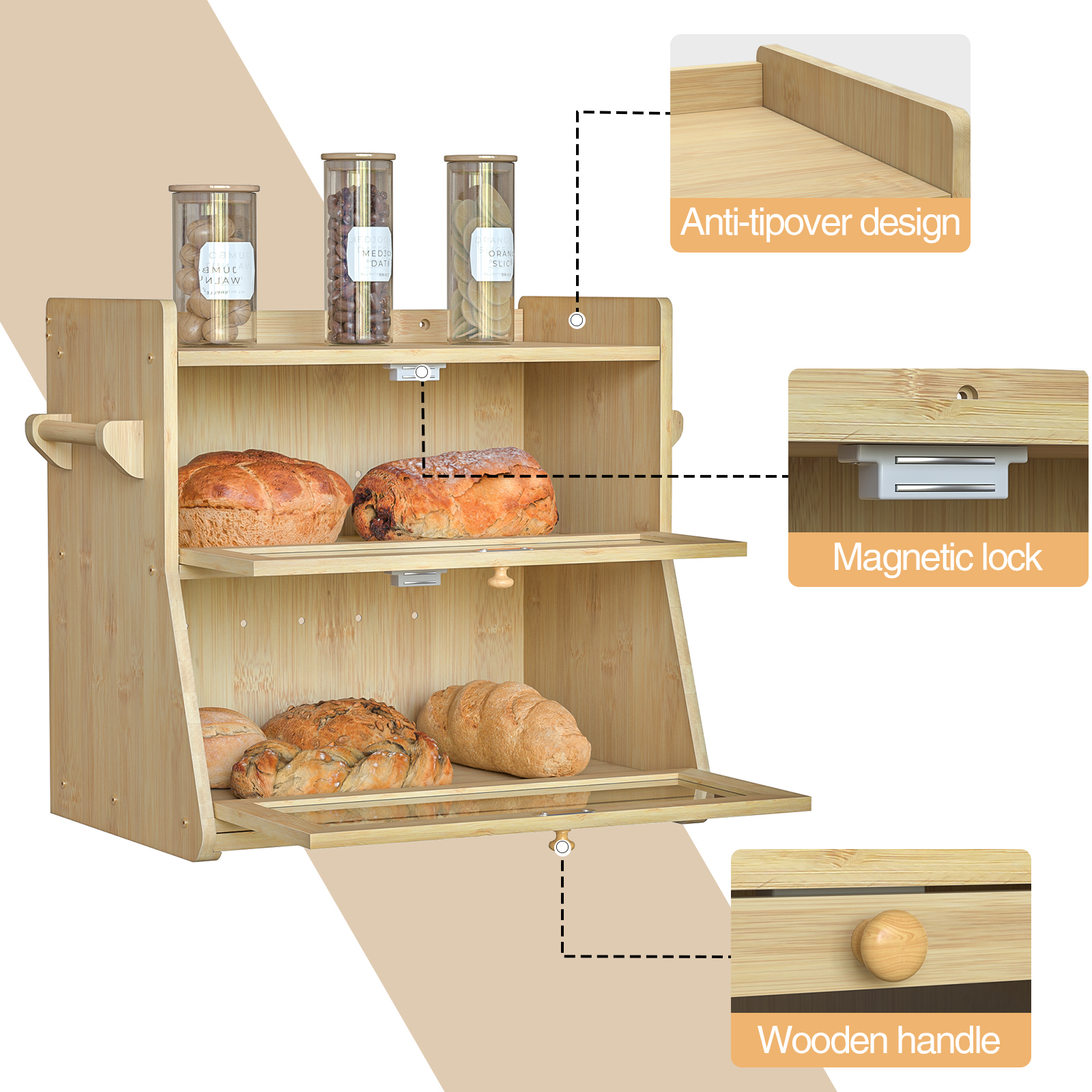 Anmytek Double Layer Bread Box for Kitchen Counter, Large Bread Storage Container, Wooden Farmhouse Bread Organizer