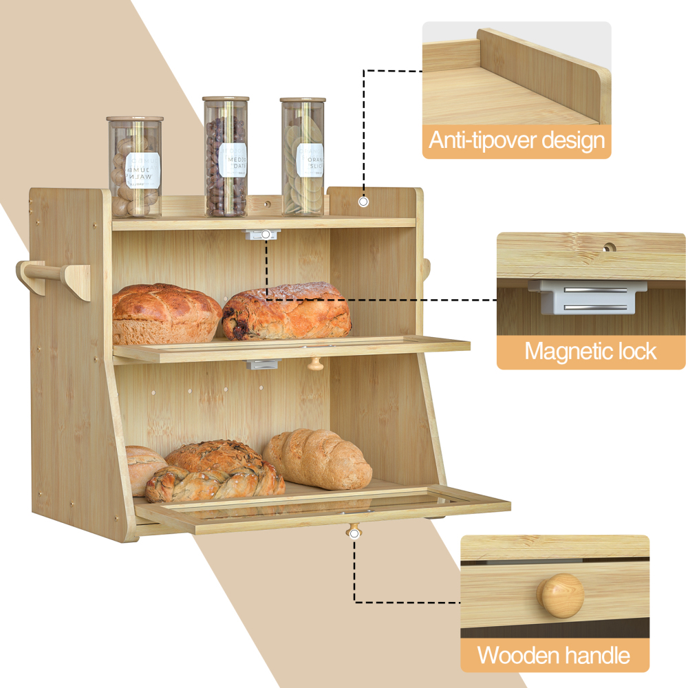 Anmytek Double Layer Bread Box for Kitchen Counter, Large Bread Storage Container, Wooden Farmhouse Bread Organizer