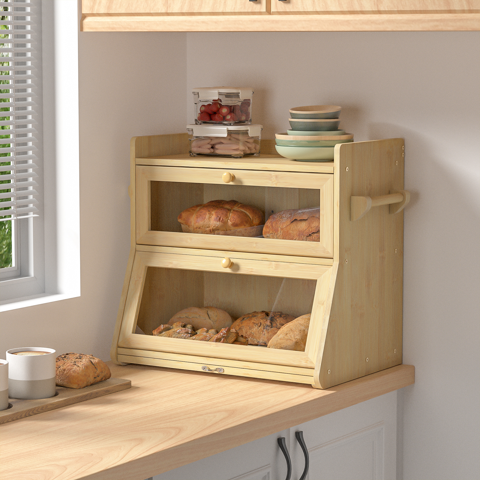 Anmytek Double Layer Bread Box for Kitchen Counter, Large Bread Storage Container, Wooden Farmhouse Bread Organizer