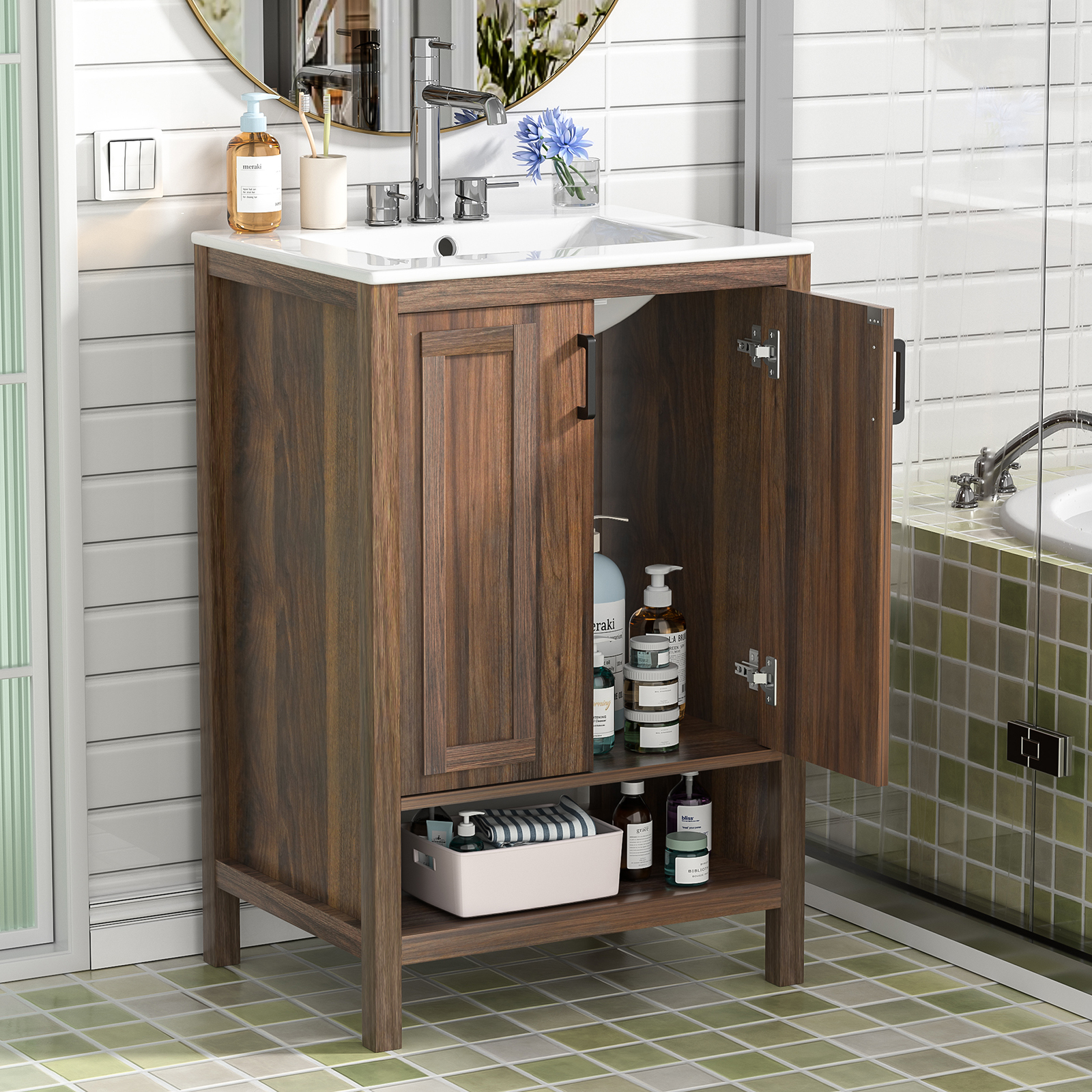 Anmytek Bathroom Vanity with Ceramic Sink, Walnut Modern Bathroom Vanity Cabinet Set (Faucet Not Included)