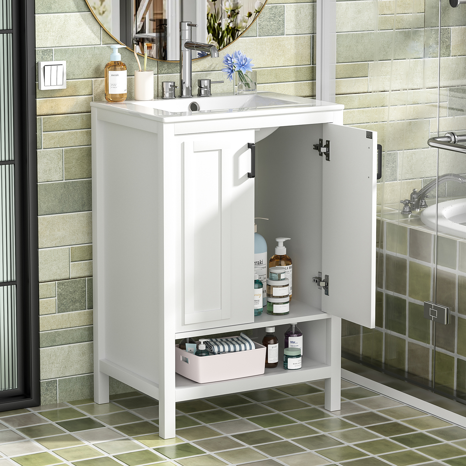 Bathroom Vanity with Ceramic Sink, 24" Wood Bathroom Sink Cabinet with 2 Doors and Open Shelf