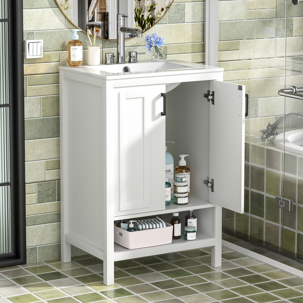Bathroom Vanity with Ceramic Sink, 24" Wood Bathroom Sink Cabinet with 2 Doors and Open Shelf