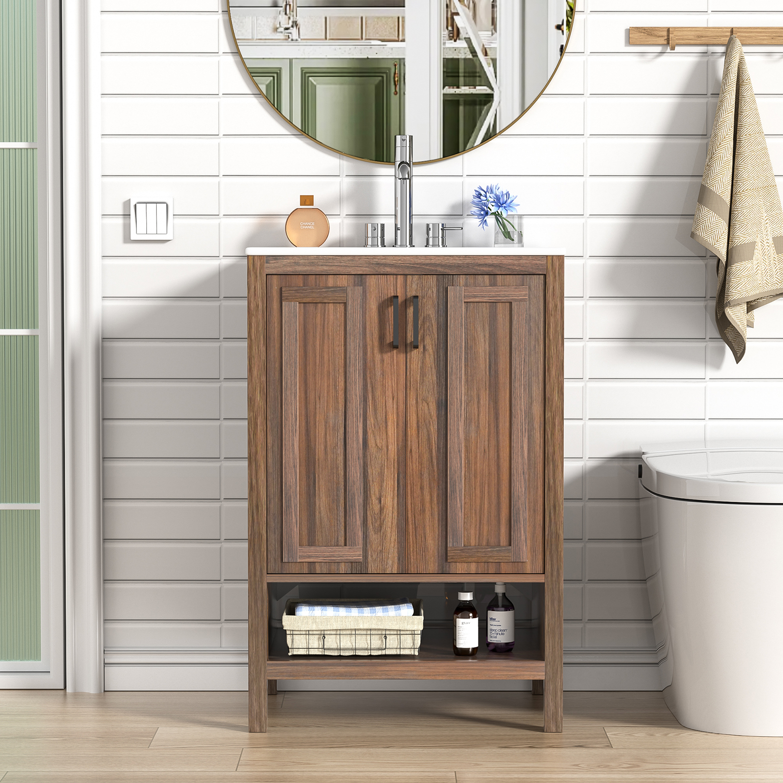 Anmytek Bathroom Vanity with Ceramic Sink, Walnut Modern Bathroom Vanity Cabinet Set (Faucet Not Included)