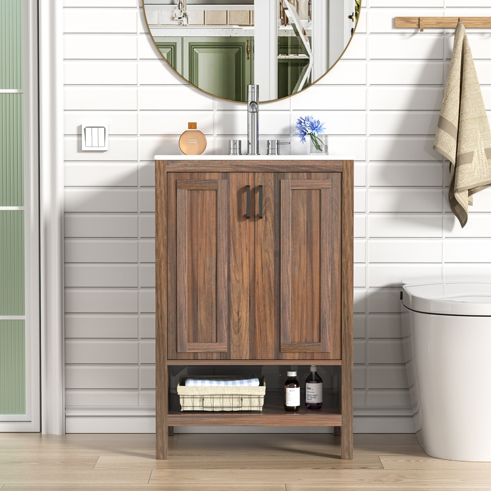 Anmytek Bathroom Vanity with Ceramic Sink, Walnut Modern Bathroom Vanity Cabinet Set (Faucet Not Included)