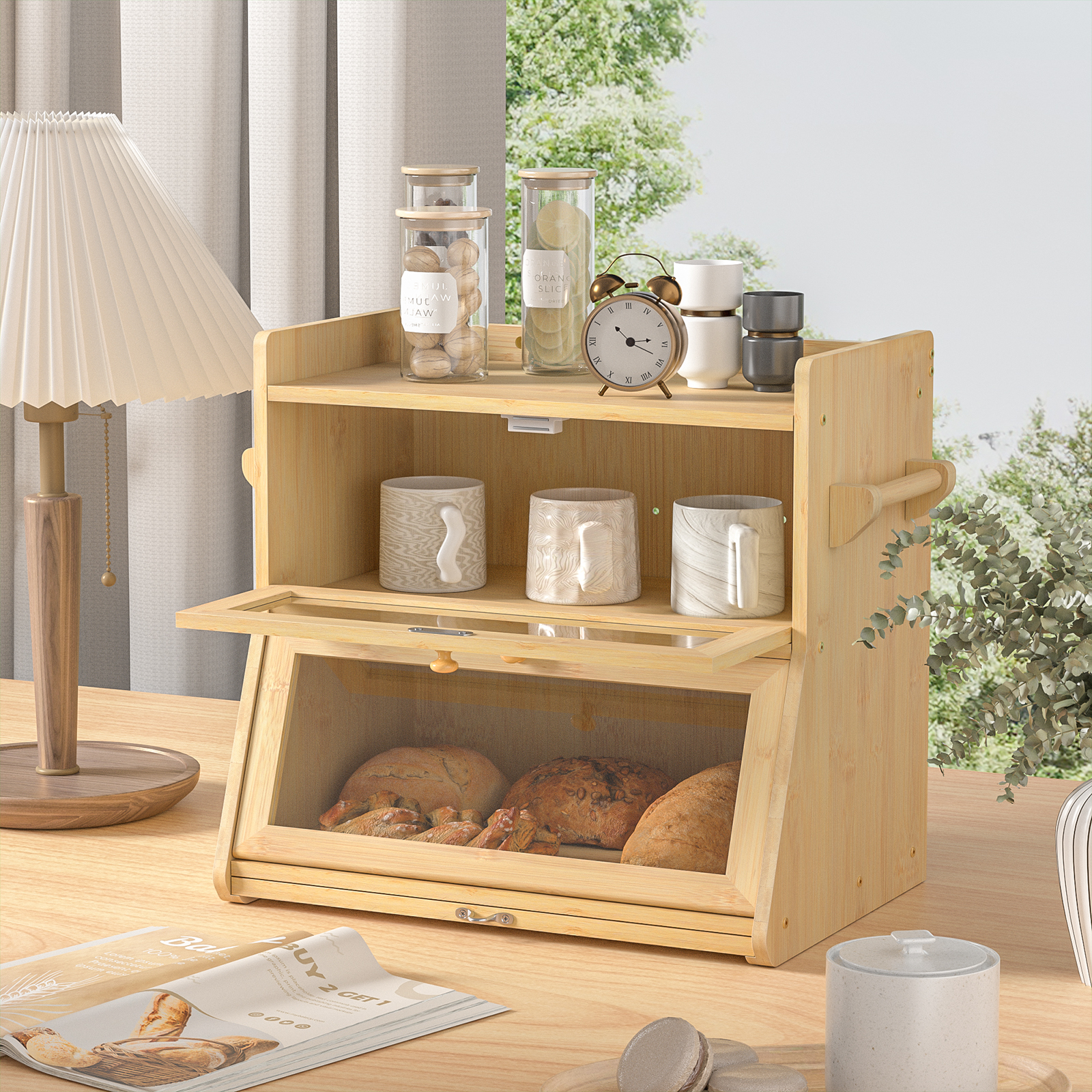 Anmytek Double Layer Bread Box for Kitchen Counter, Large Bread Storage Container, Wooden Farmhouse Bread Organizer