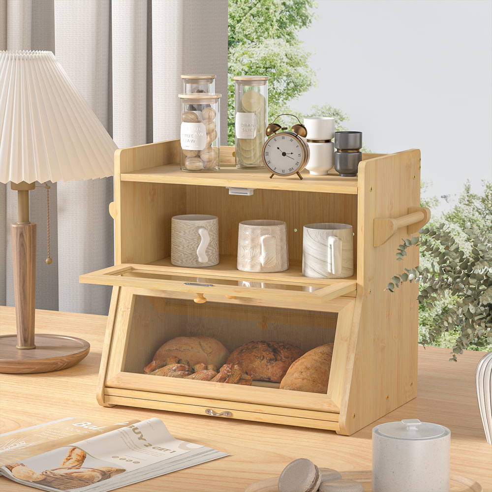 Anmytek Double Layer Bread Box for Kitchen Counter, Large Bread Storage Container, Wooden Farmhouse Bread Organizer
