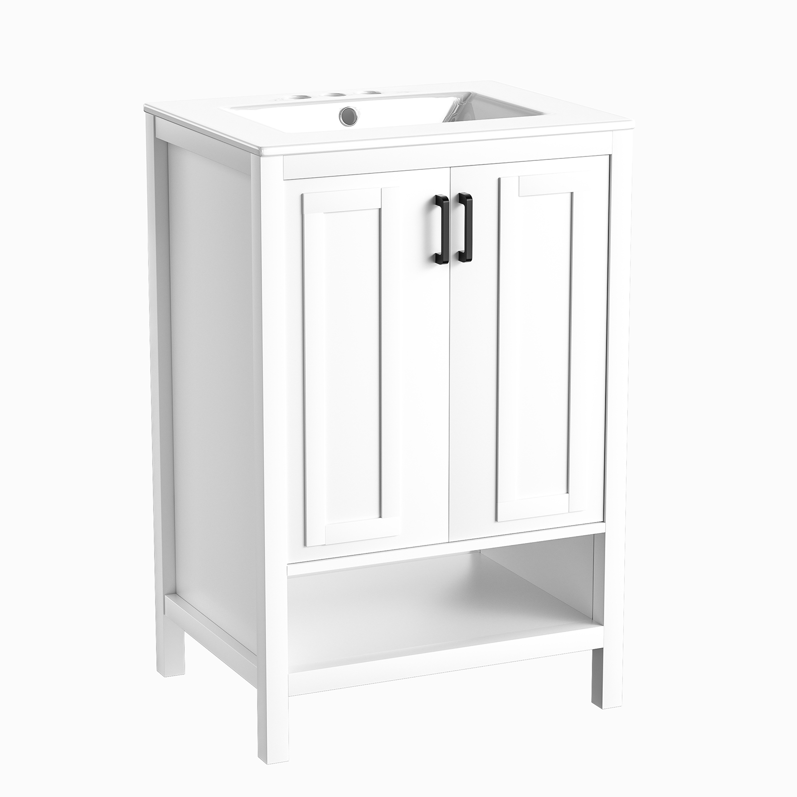 Bathroom Vanity with Ceramic Sink, 24" Wood Bathroom Sink Cabinet with 2 Doors and Open Shelf