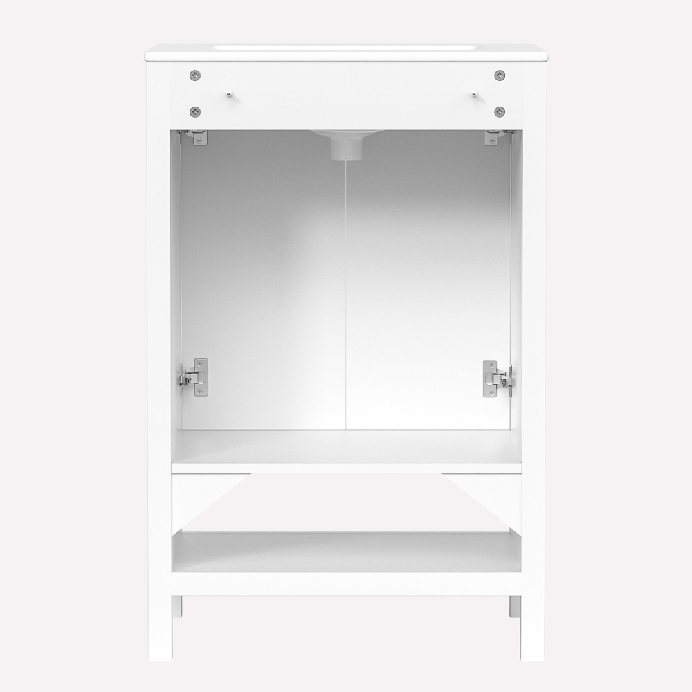 Bathroom Vanity with Ceramic Sink, 24" Wood Bathroom Sink Cabinet with 2 Doors and Open Shelf