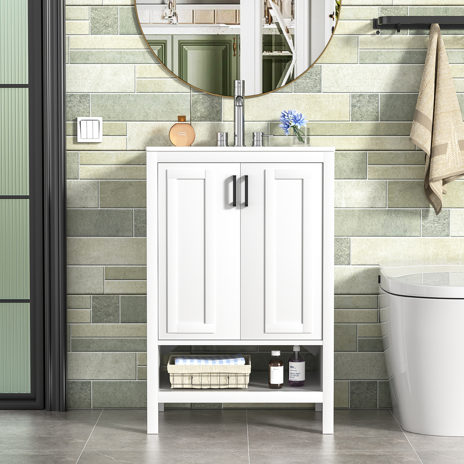 Bathroom Vanity with Ceramic Sink, 24" Wood Bathroom Sink Cabinet with 2 Doors and Open Shelf