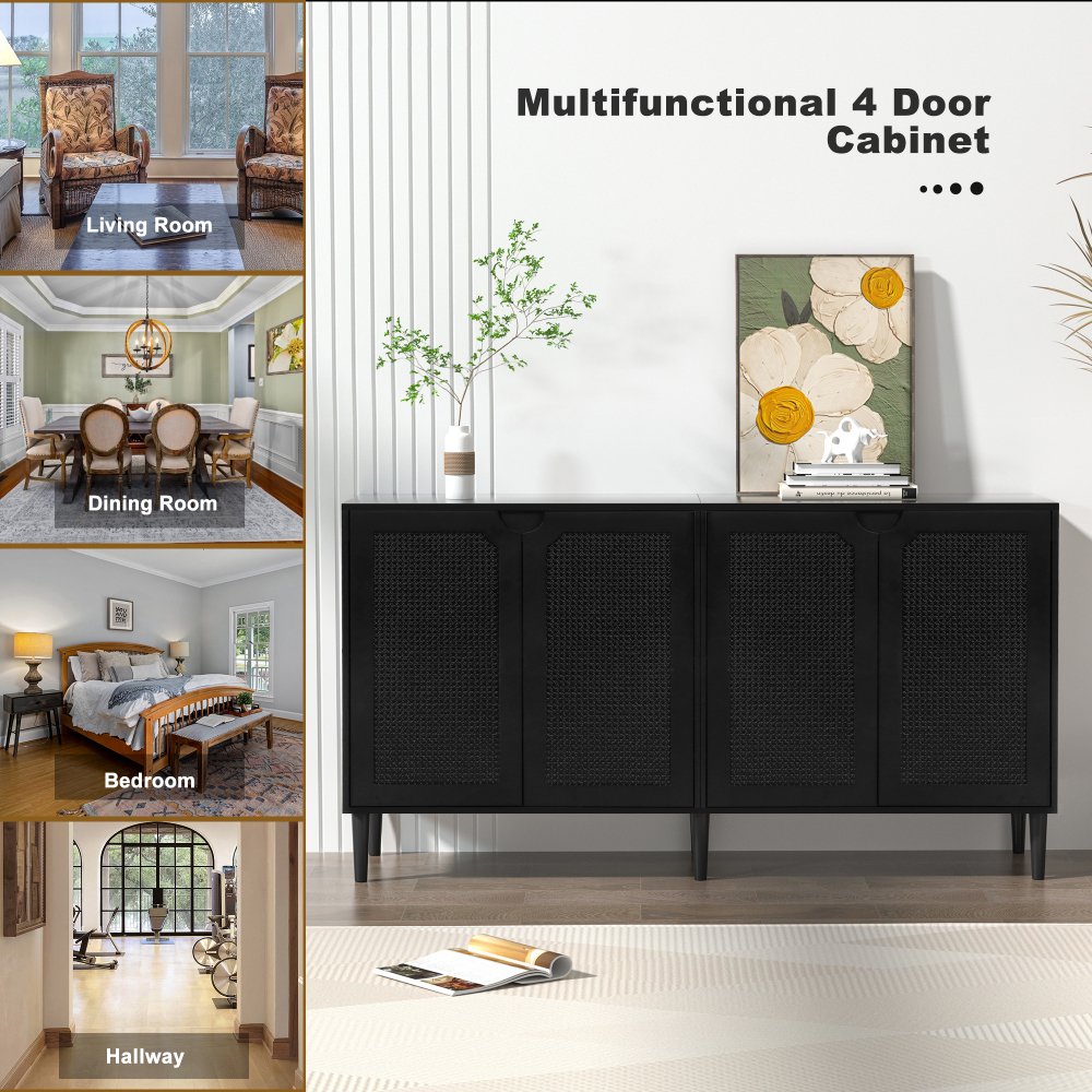 Anmytek Rattan Sideboard Buffet Cabinet with 4 Doors, Kitchen Storage Cabinet