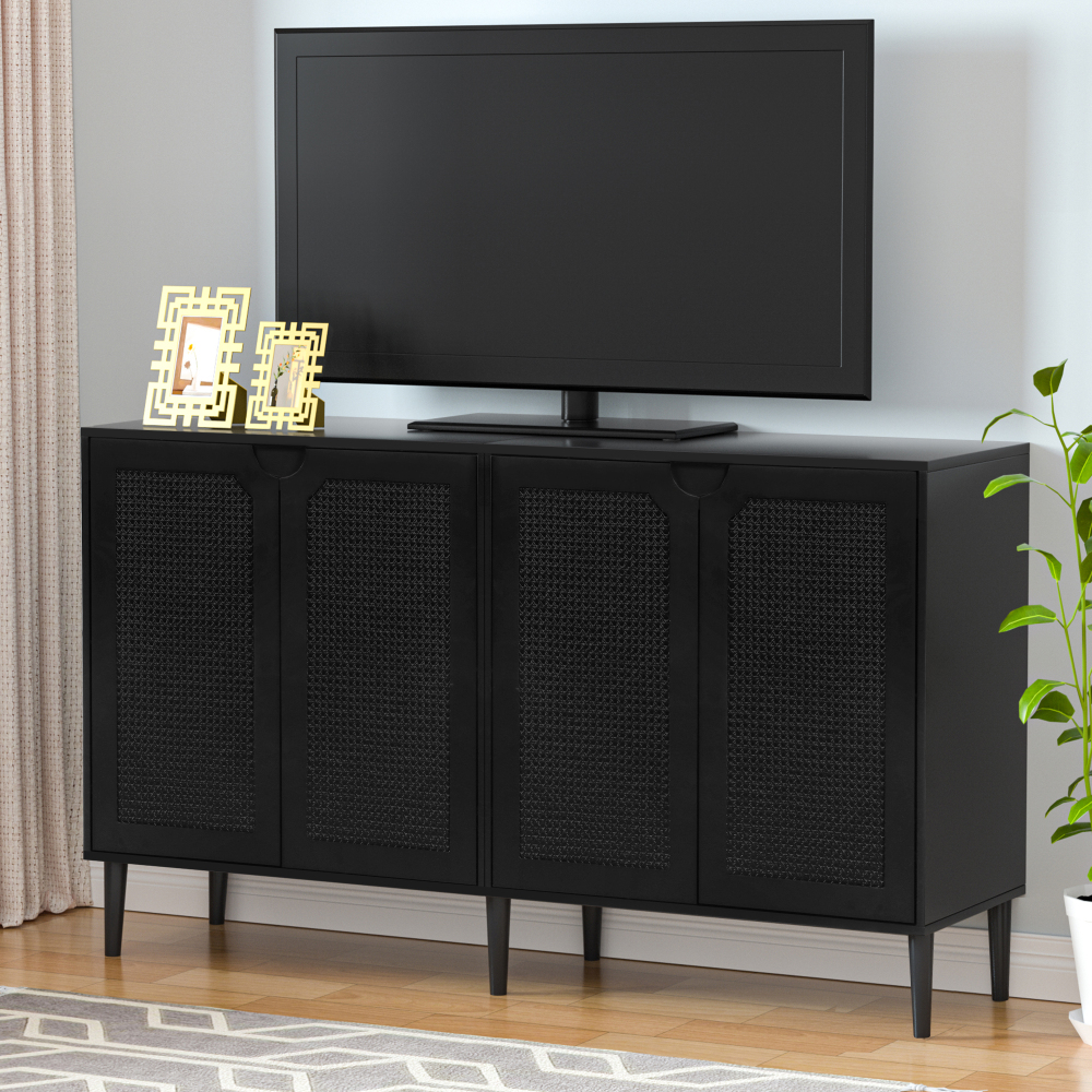 Anmytek Rattan Sideboard Buffet Cabinet with 4 Doors, Kitchen Storage Cabinet