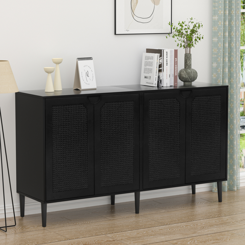 Anmytek Rattan Sideboard Buffet Cabinet with 4 Doors, Kitchen Storage Cabinet