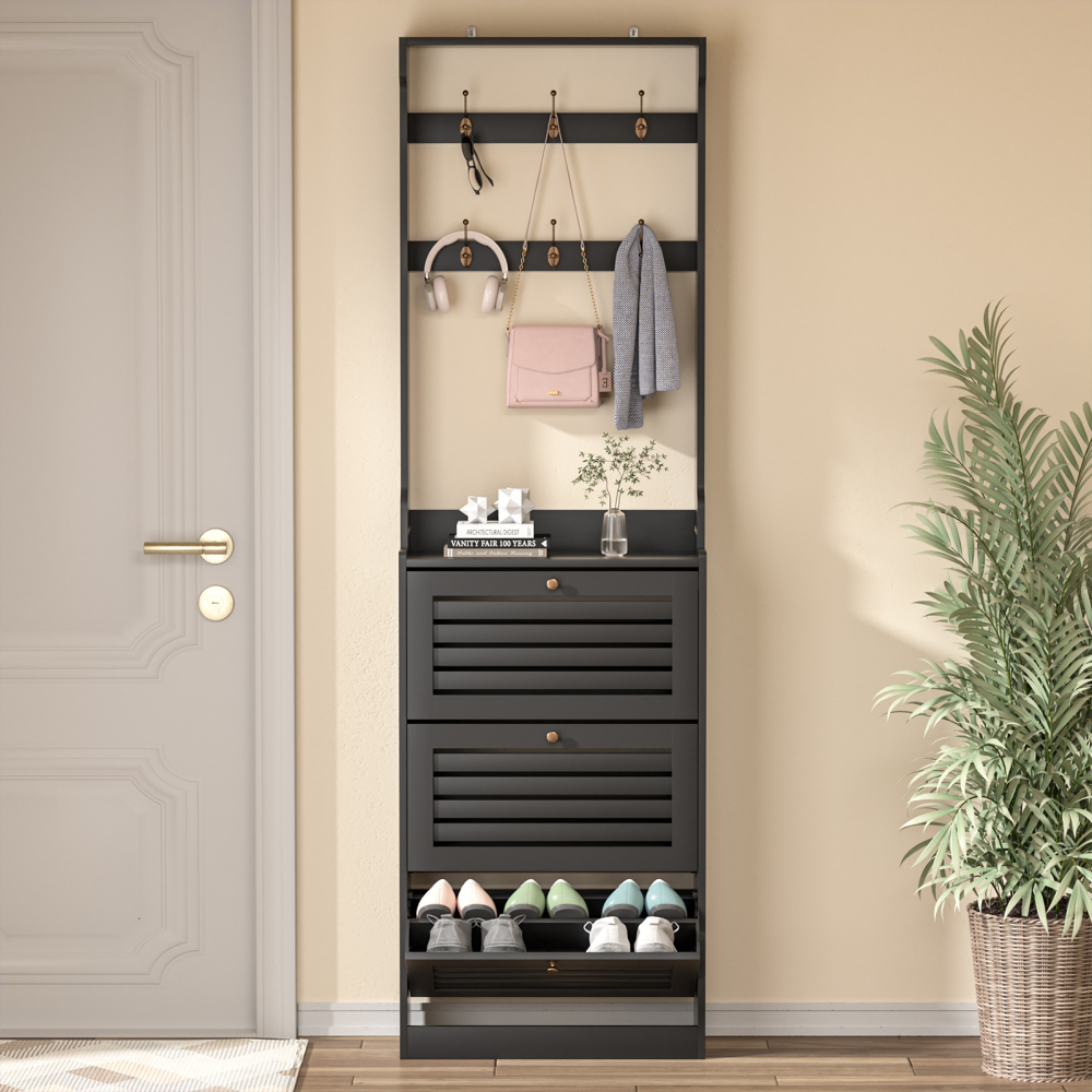 Anmytek Shoe Cabinet Storage for Entryway, Coat Rack with Shoe Storage, Hall Tree Wooden Narrow Shoe Storage Organizer
