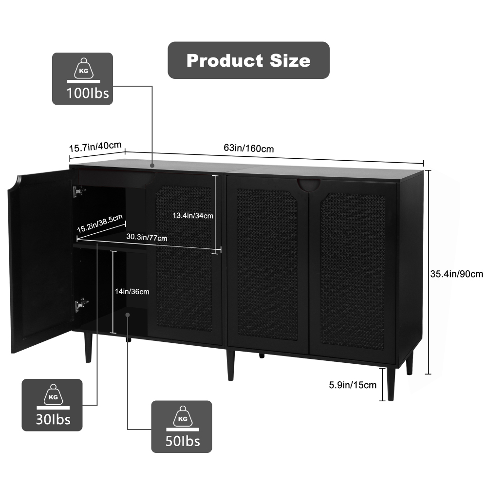 Anmytek Rattan Sideboard Buffet Cabinet with 4 Doors, Kitchen Storage Cabinet