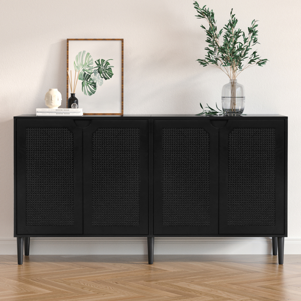 Anmytek Rattan Sideboard Buffet Cabinet with 4 Doors, Kitchen Storage Cabinet