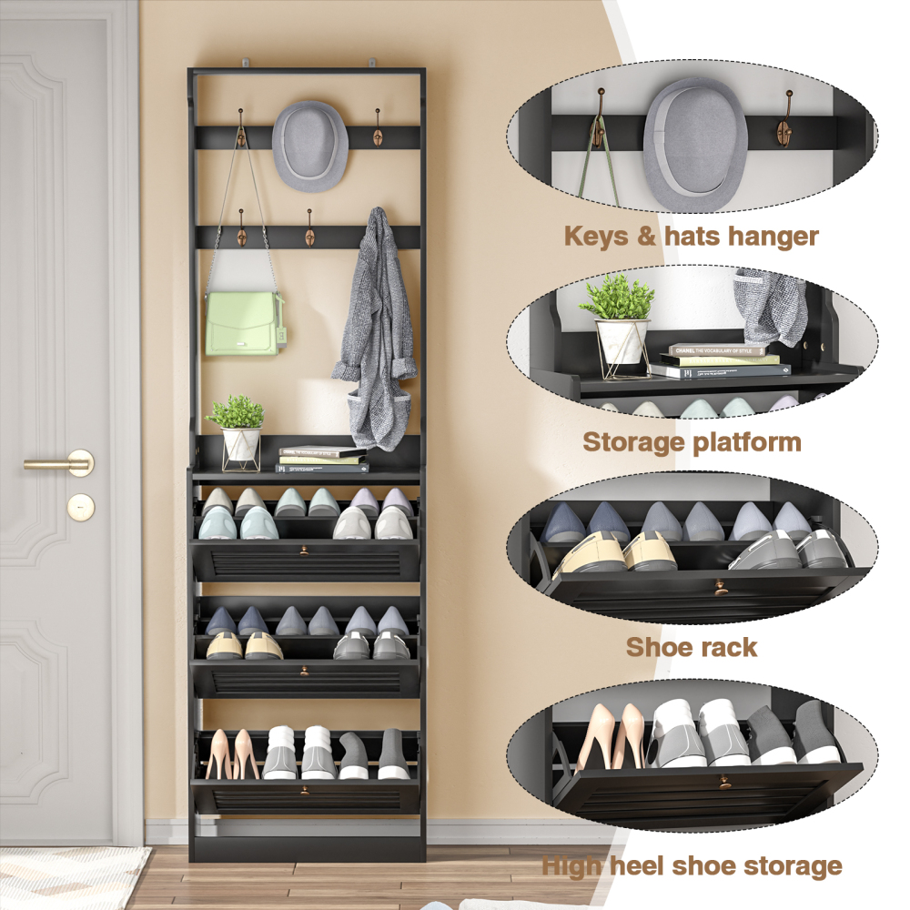 Anmytek Shoe Cabinet Storage for Entryway, Coat Rack with Shoe Storage, Hall Tree Wooden Narrow Shoe Storage Organizer
