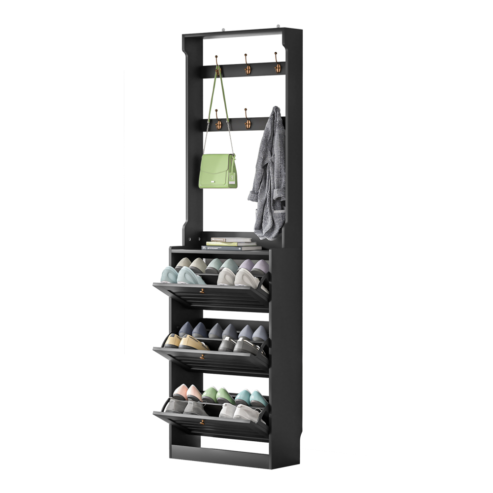 Anmytek Shoe Cabinet Storage for Entryway, Coat Rack with Shoe Storage, Hall Tree Wooden Narrow Shoe Storage Organizer
