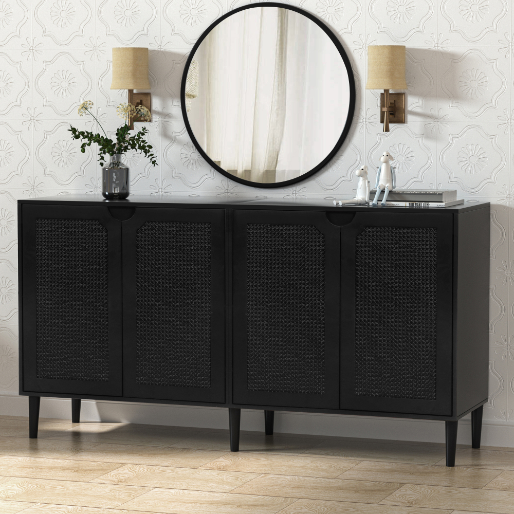 Anmytek Rattan Sideboard Buffet Cabinet with 4 Doors, Kitchen Storage Cabinet