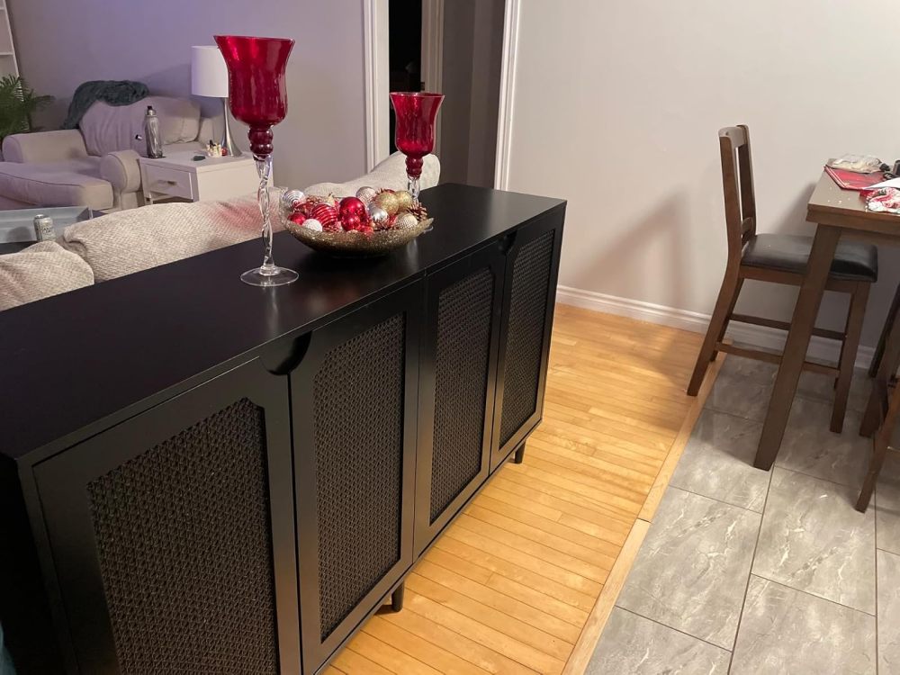 Anmytek Rattan Sideboard Buffet Cabinet with 4 Doors, Kitchen Storage Cabinet