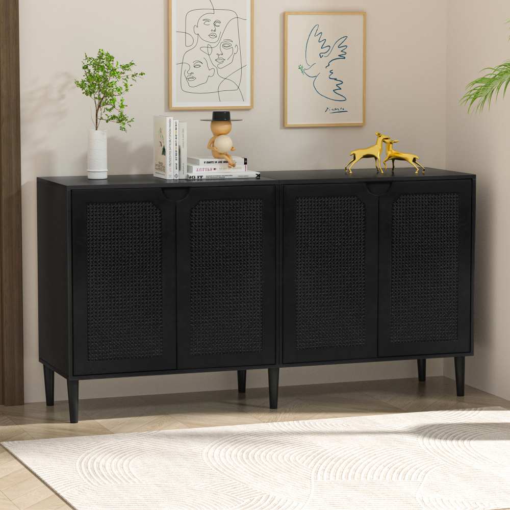 Anmytek Rattan Sideboard Buffet Cabinet with 4 Doors, Kitchen Storage Cabinet