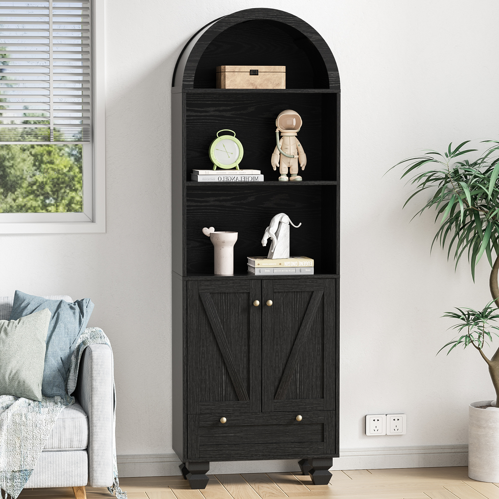 Anmytek Arched Bookshelf with Doors, 5-Tier Storage Cabinet, Open Display Shelf & Drawer, Modern Bookcase