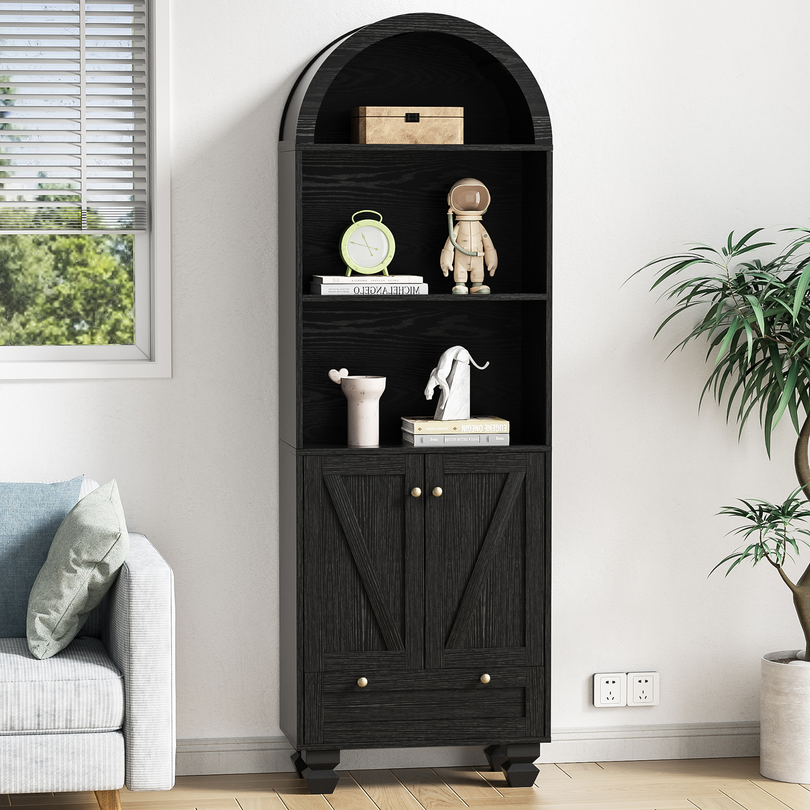 Anmytek Arched Bookshelf with Doors, 5-Tier Storage Cabinet, Open Display Shelf & Drawer, Modern Bookcase
