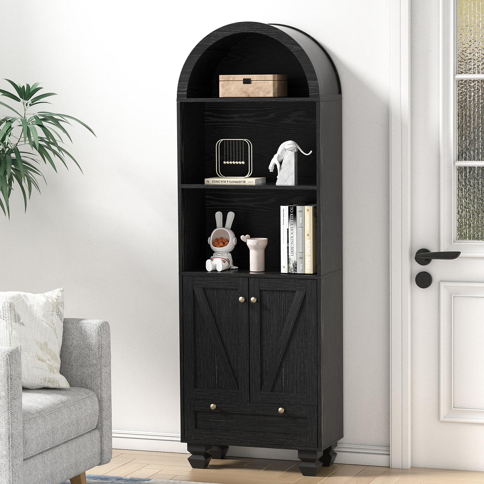 Anmytek Arched Bookshelf with Doors, 5-Tier Storage Cabinet, Open Display Shelf & Drawer, Modern Bookcase