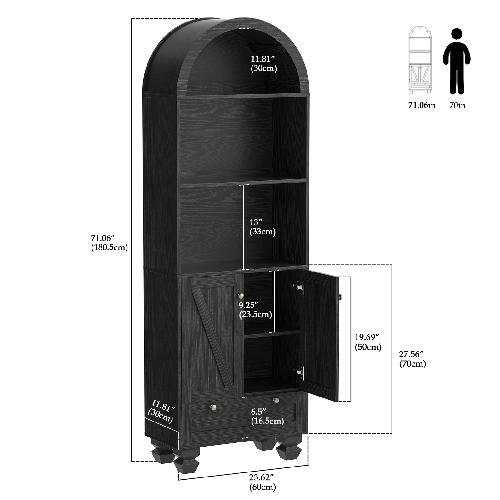 Anmytek Arched Bookshelf with Doors, 5-Tier Storage Cabinet, Open Display Shelf & Drawer, Modern Bookcase
