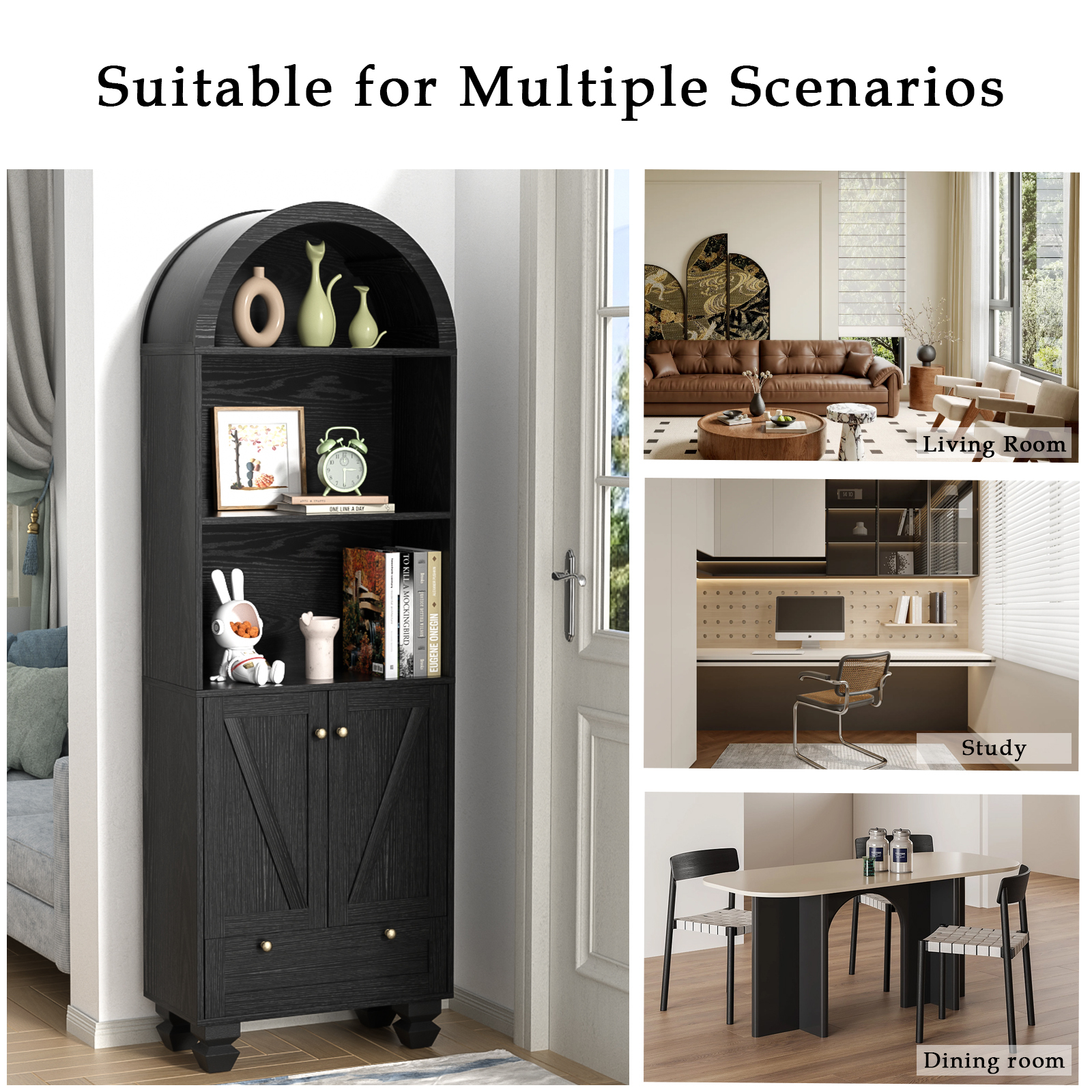 Anmytek Arched Bookshelf with Doors, 5-Tier Storage Cabinet, Open Display Shelf & Drawer, Modern Bookcase