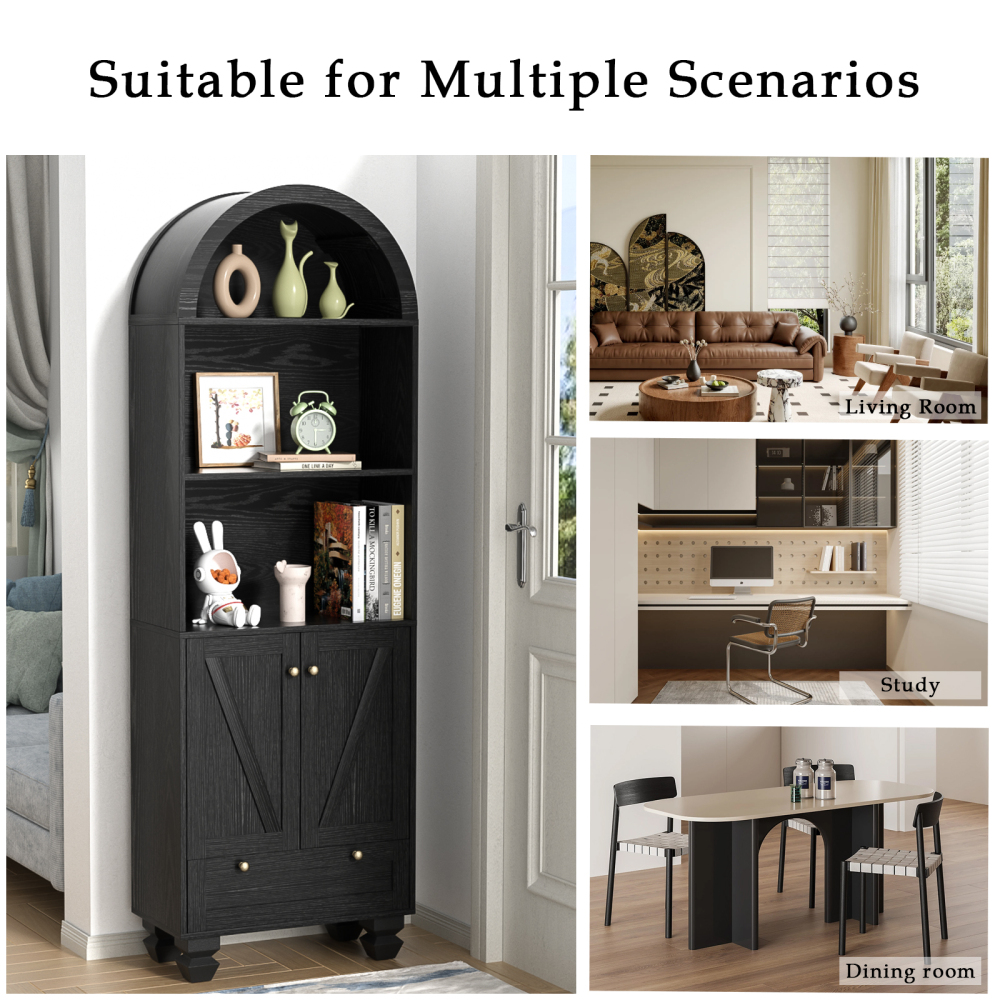 Anmytek Arched Bookshelf with Doors, 5-Tier Storage Cabinet, Open Display Shelf & Drawer, Modern Bookcase