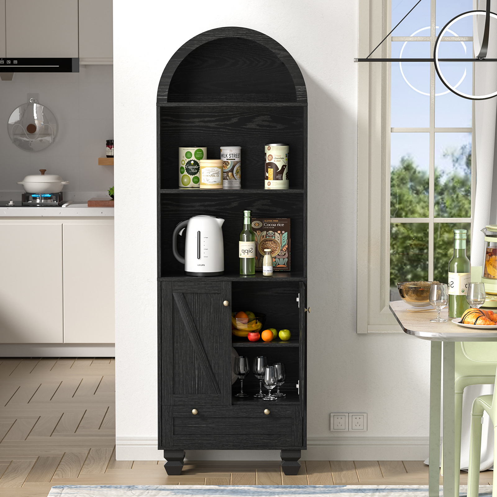 Anmytek Arched Bookshelf with Doors, 5-Tier Storage Cabinet, Open Display Shelf & Drawer, Modern Bookcase