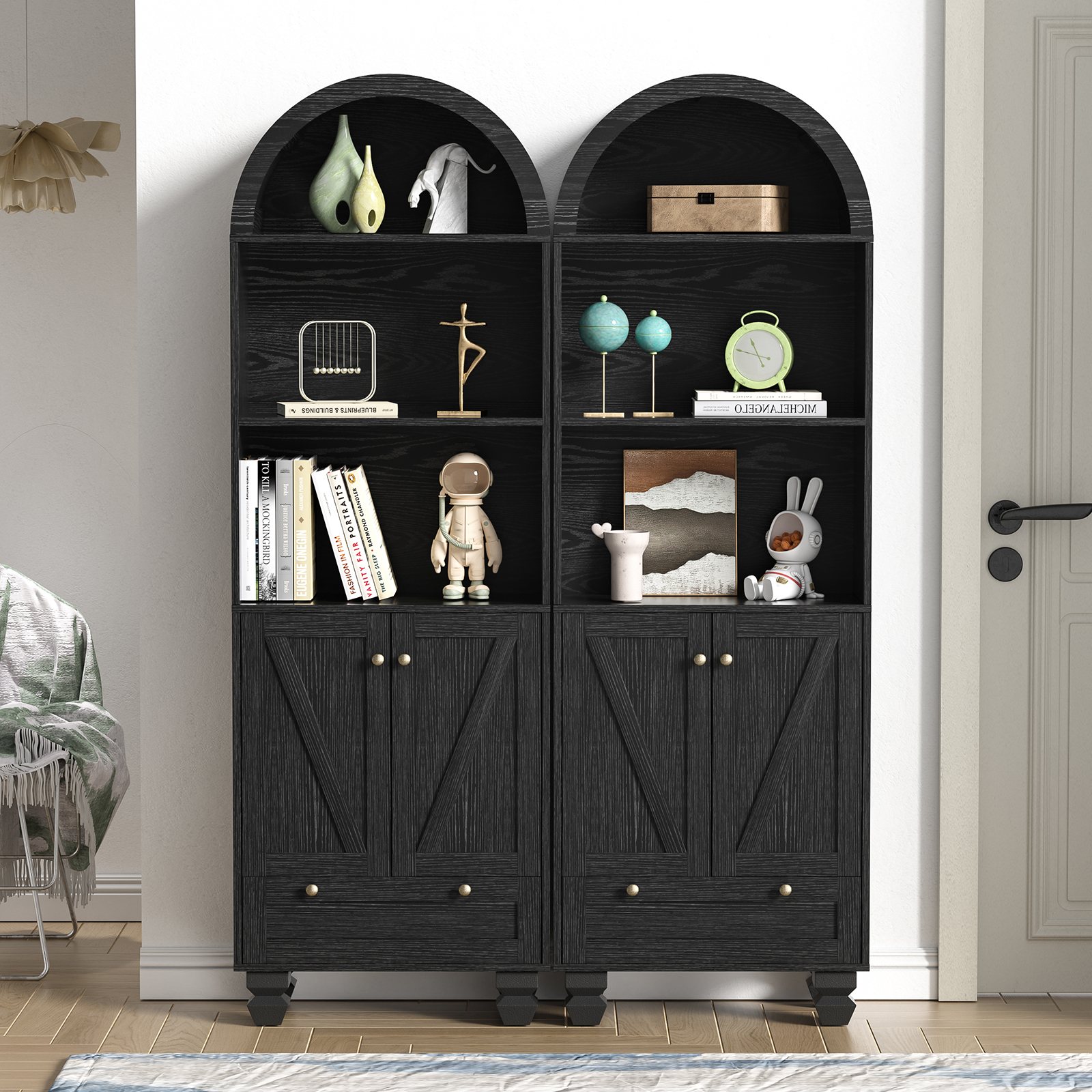 Anmytek Arched Bookshelf with Doors, 5-Tier Storage Cabinet, Open Display Shelf & Drawer, Modern Bookcase