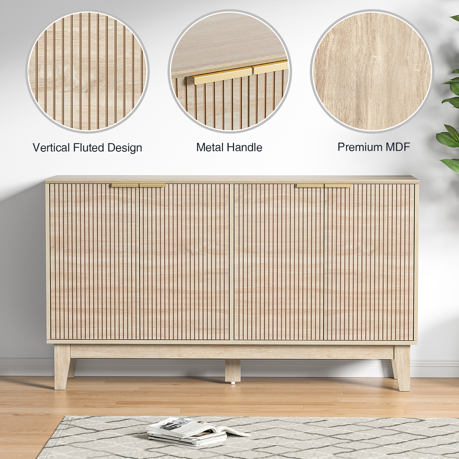 Anmytek 4-Door Solid Wood Sideboard Buffet with Adjustable Shelves, Large Storage Cabinet, Accent Cabinet Console for Kitchen