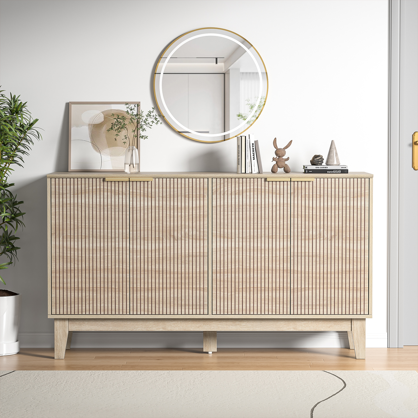 Anmytek 4-Door Solid Wood Sideboard Buffet with Adjustable Shelves, Large Storage Cabinet, Accent Cabinet Console for Kitchen