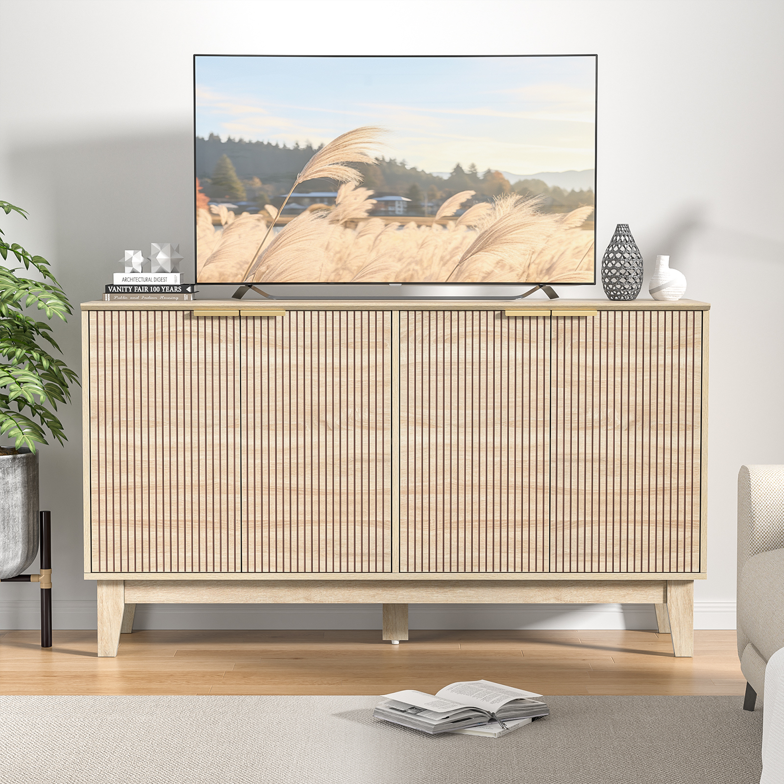 Anmytek 4-Door Solid Wood Sideboard Buffet with Adjustable Shelves, Large Storage Cabinet, Accent Cabinet Console for Kitchen