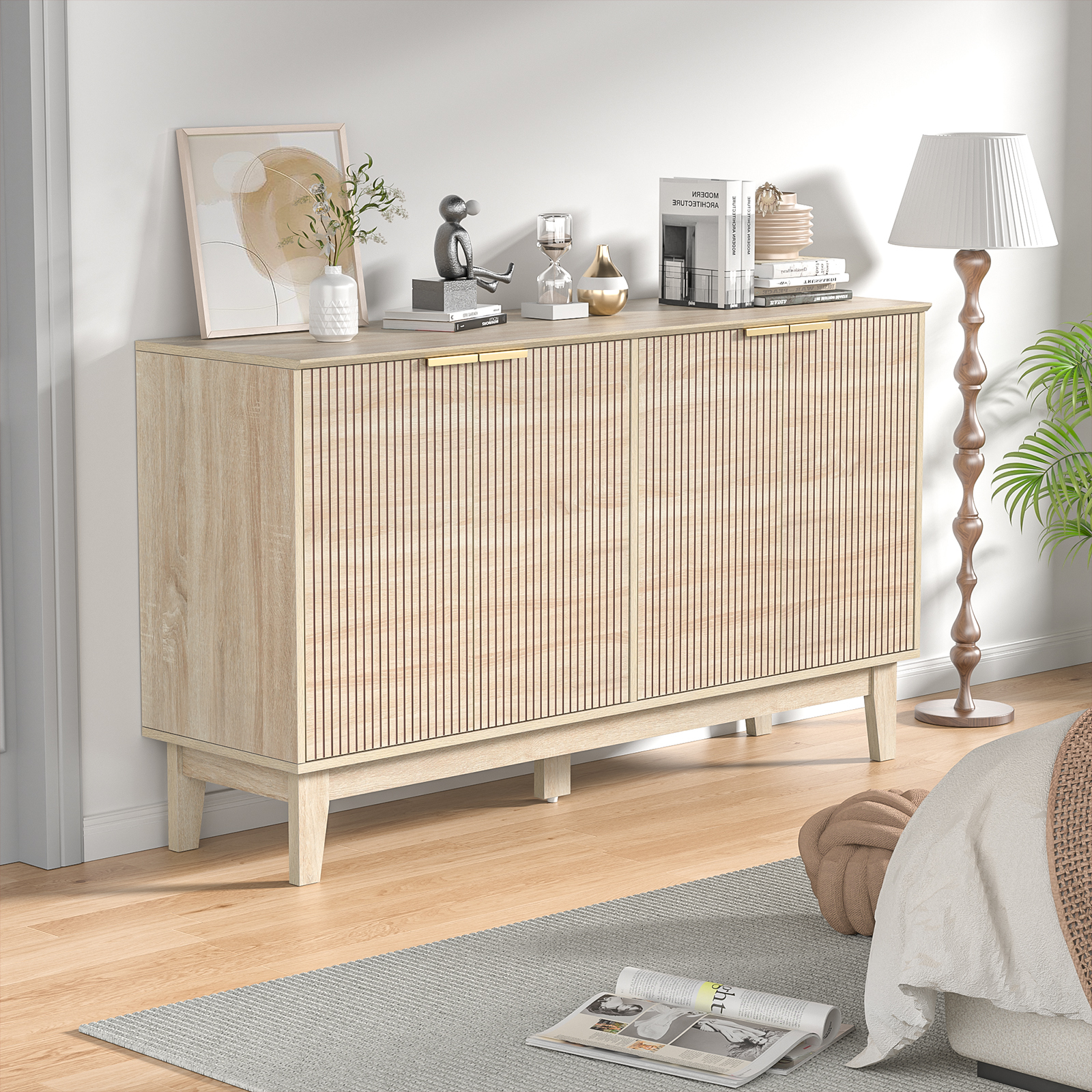 Anmytek 4-Door Solid Wood Sideboard Buffet with Adjustable Shelves, Large Storage Cabinet, Accent Cabinet Console for Kitchen