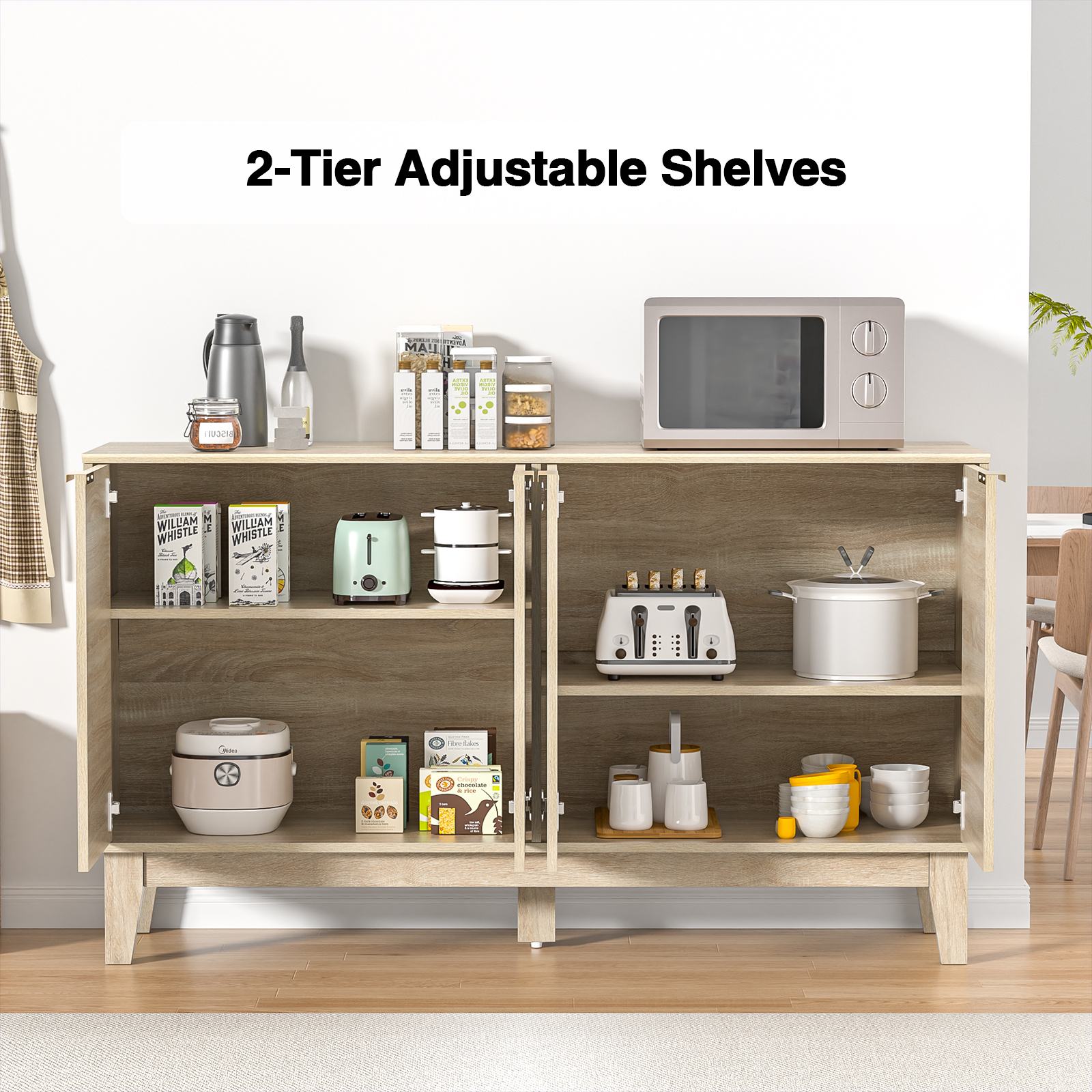 Anmytek 4-Door Solid Wood Sideboard Buffet with Adjustable Shelves, Large Storage Cabinet, Accent Cabinet Console for Kitchen